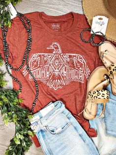 Macy's Thunderbird Tee by Texas True Threads Bohemian Cowgirl Style, Western Tee Shirts, Boho Western Outfits, Thunderbird Design, Country Graphic Tees, Casual Tshirt Outfit, Country Style Outfits, Western Boutique, Boutique Ideas