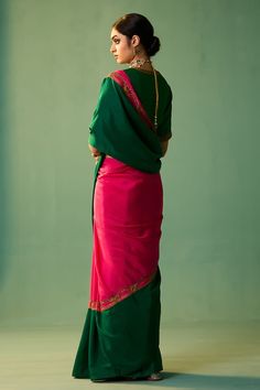 Green and pink habutai silk saree with dori, marori and zardosi hand embroidery. - Aza Fashions Festive Pink Raw Silk Pre-draped Saree, Pink Raw Silk Saree With Dori Work, Pink Raw Silk Pre-draped Saree With Resham Embroidery, Transitional Pink Raw Silk Pre-draped Saree, Pink Pre-draped Saree In Raw Silk With Resham Embroidery, Pink Raw Silk Pre-draped Saree With Dupatta, Pink Silk Pre-draped Saree With Dori Work, Silk Traditional Wear With Dori Work In Pink, Pink Silk Traditional Wear With Dori Work