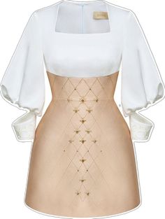 a woman's corset with gold and white details on the bottom, in front of a white background