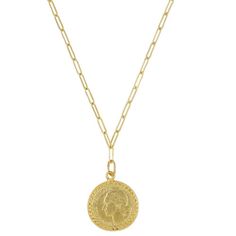 Franc Coin Pendant Necklace on Paperclip Chain-Susan Shaw-Swag Designer Jewelry Gold Medallion Coin Necklace With Figaro Chain, Gold Coin Pendant Necklace With Figaro Chain, Gold Coin Necklace With Figaro Chain Pendant, Gold-tone Medallion Coin Necklace, Yellow Gold Coin Shaped Chain Necklace With Adjustable Chain, Elegant Gold Coin Chain Necklace, Gold Coin Charm Necklace With Delicate Chain, Gold Coin Chain Necklace Gift, Classic Gold Chain Necklace With Coin Pendant