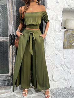 Women's Off Shoulder Lace Patchwork Crop Top And Front Knotted Wide Leg Pants Two Piece Set Dark Green Casual    Plain  Non-Stretch  Women Clothing, size features are:Bust: ,Length: ,Sleeve Length: Patchwork Crop Top, Dirndl Outfit, Bandeau Tops, 1920s Flapper Dress, Short Denim Skirt, Plunge Dress, Off Shoulder Crop Top, Short Playsuit, Mini Robes