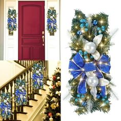 blue and white christmas decorations next to a red door