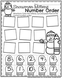 the snowman mittens number order worksheet is shown in black and white