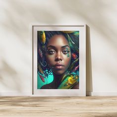 a framed photograph of a woman with fish on her face and hands, against a white wall