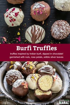 chocolate covered truffles are displayed on a plate