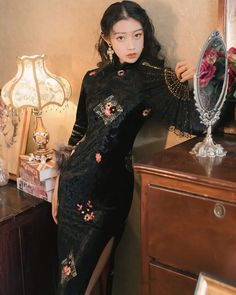 Black Asian Qipao Women's Winter Thickened Dress - Weqipao Traditional Fitted Dress With Stand Collar, Traditional Cheongsam With Stand Collar For Tea Ceremony, Fitted Ao Dai With Stand Collar For Banquets, Fitted Ao Dai With Stand Collar For Banquet, Traditional Long Cheongsam For Party, Long Traditional Cheongsam For Party, Traditional Fitted Dress For Tea Ceremony, Banquet Ao Dai With Stand Collar, Modern Qipao Wedding