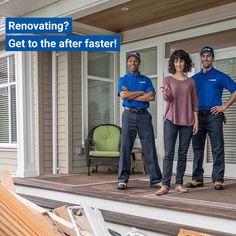 two men and a woman standing on the front porch of a house with their arms crossed