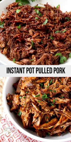 two bowls filled with pulled pork and garnished with parsley on the side