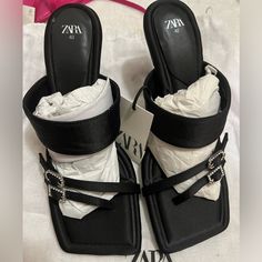 Zara, Black Heeled Sandal With Diamond Accent , Us Size 9 Black Low Heel Mules With Buckle Closure, Black Evening Mules For Summer, Black Summer Evening Mules, Black Ankle Strap Mules For Evening, Black Low Heel Mules For Summer, Black Sandals For Summer Evenings, Black Low Heel Summer Mules, Zara Sandals For Night Out In Summer, Zara Sandals With Heel Strap For Night Out