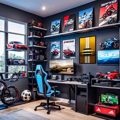 a room filled with lots of different types of sports bikes and racing cars on the wall