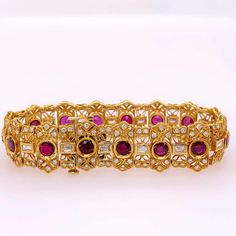 For Sale on 1stDibs - Ruby & Diamond Bracelet Style: Intricate Floral Filigree link Metal: 18K Yellow Gold, 30.31 grams Size & Measurements: 7'' long x 0.65'' (16.3 mm) wide Luxury Ruby Tennis Bracelet For Formal Occasions, Luxury Multi-stone Tennis Bracelet For Formal Occasions, Luxury Ruby Diamond Bracelet For Formal Occasions, Luxury Red Gold Bracelet For Formal Occasions, Luxury Red Gold Bracelet For Formal Events, Luxury Gold Diamond Bracelet With Multi-stone, Luxury Gold Ruby Bracelets, Luxury Multi-stone Diamond Bracelet For Formal Occasions, Gold Multi-stone Tennis Bracelet For Formal Occasions