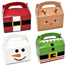 four boxes with different designs on them, each decorated like a santa clause and snowman