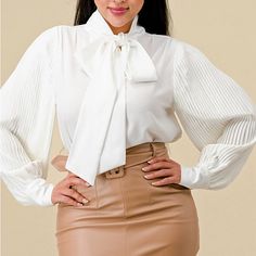 Tie Front Bottom Down Pleated Sleeves Blouse. Perfect For Everyday Comfort Date Night Brunch, Shopping, Work. 55% Polyester 40% Cotton 5% Spandex. Chic Stretch Top For Office Wear, Elegant Stretch Tops For Office, Feminine Stretch Tops For Office, White Fitted Tops For Office Ladies, Pleated Sleeves Blouse, Cream Blouse, Pleated Sleeves, Sleeves Blouse, Front Bottoms