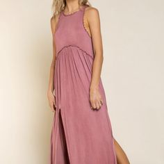 **Final Sale** 2 High Slits On Each Side Zipper Back Vintage Pink Color 94% Rayon 6% Spandex Chic Stretch Maxi Dress With Back Zipper, Stretch Maxi Dress With Back Zipper For Date Night, Stretch Longline Dress With Side Slits, Brunch Midi Dress With Split, Casual Stretch Dress With Side Slits, Casual Stretch Dress With Split Hem, Spring Stretch Midi Dress With Split Hem, Spring Midi Dress With Stretch And Split Hem, Sleeveless Dresses With Split Design For Day Out