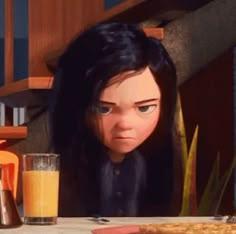 the animated character is looking at food and drinks on the table with her head down