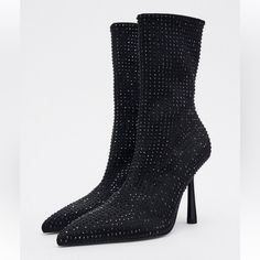 Zara Sparkly High Heel Ankle Boots Fabric Heeled Mid-Calf Boots With Rhinestone Detail. Fitted Upper. Pointed Toe. Side Zip Closure Heel Height: 3.9 Inches (10 Cm) Chic Ankle-high Rhinestone Heels, Chic Ankle-high Heels With Rhinestones, Glamorous Embellished Ankle Boots, Winter Formal Embellished Boots, Chic Embellished Ankle-high Heels, Evening High Heel Boots With Rhinestones, Chic Embellished High Heeled Boots, Chic Embellished Heeled Boots For Night Out, Chic Embellished Heels For Winter