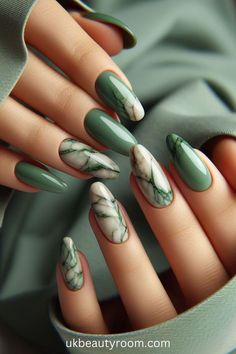 Acrylic Nail Designs Round Shape, Moss Agate Inspired Nails, Moss Agate Nail Art, Nails For Green Dress Colour, Green Nail Ideas Almond, Moss Green Nail Designs, Mother Nature Nails, Milky Green Nails, Nails Inspiration Green