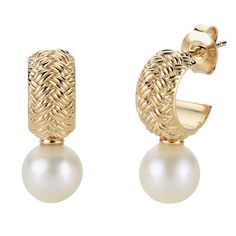 Gold-Plated 7-7.5mm Cultured Pearl Textured Hoop Drop Earrings  Showcasing a cultured pearl drop, this standout also features a petite C-hoop filled with rich, basket weave texturing. Enjoy a sumptuous and distinctive take on the classic drop design.                   Each approx. 3/4"L x 1/4"W     Stamped .925 sterling silver; gold plating; polished, textured finish     Pierced with butterfly clasps   Stone Information       All sizes and weights approximate     Cultured Freshwater Pearl: Off-r Formal White Gold Hoop Pearl Earrings, Elegant Round Huggie Earrings With Pearl Charm, Luxury Hoop Pearl Earrings For Formal Occasions, Luxury Pearl Hoop Earrings For Formal Occasions, Luxury Formal Hoop Pearl Earrings, Small Hoop Pearl Drop Earrings For Formal Occasions, Classic Small Hoop Pearl Earrings For Formal, Classic Small Hoop Pearl Earrings For Formal Occasions, Formal Round Huggie Earrings With Pearl Drop