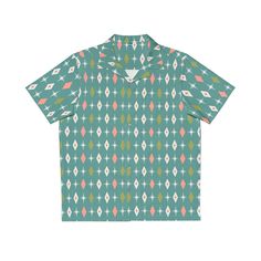 Channel the cool vibes of the Atomic Age with our Atomic Diamond Starburst Men's Hawaiian Shirt! Tailored for the chap who enjoys a dash of nostalgia, this shirt features a snazzy mid-century starburst pattern that's all the rage. It's a hit for summer shindigs, beach jaunts, or just cruising in style. Don't just wear it, rock it and be the suave trendsetter at any scene! Material: 95% polyester, 5% spandex: Soft and lightweight polyester with spandex makes the ideal knit for leisure or activewe Green Retro Camp Shirt With Relaxed Fit, Retro Green Camp Shirt With Relaxed Fit, Retro Green Relaxed Fit Camp Shirt, Green Retro Relaxed Fit Camp Shirt, Retro Green Camp Shirt With Graphic Print, Retro Tops With All Over Print And Camp Collar, Retro Short Sleeve Camp Shirt With All Over Print, Cool Vibes, Starburst Pattern