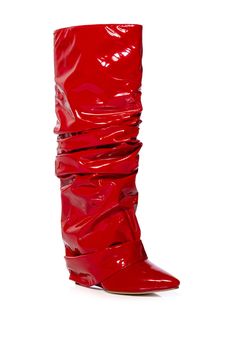 The azalea wang sif slouch wedge boot in red is made from a vegan patent leather upper and features a pointed toe silhouette, a slouchy mid-calf height shaft, a cushioned insole, and a slip-on fit. complete with a covered wedge heel and a concealed elastic side panel accent for a comfortable slip-on fit. fit and details (approx. measured from a women’s size 7.5):- vegan patent leather upper- pointed toe- wedge heel- 18” shaft height- 15.5" calf circumference- 3.75” heel height- importedprod Azalea Wang, Plus Dresses, Clothing Size Chart, Dress Size Chart, Thigh High Boots, Kids Jacket, Thigh Highs, Mid Calf, Shopping List