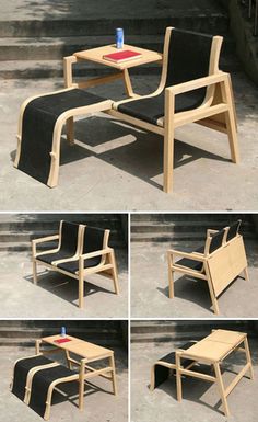 four different views of a chair and table made out of plywood planks, one with a blue bottle on it