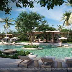 an outdoor swimming pool with lounge chairs and umbrellas next to it, surrounded by palm trees