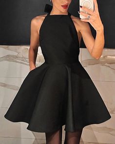 Description Skirt Type: A-line Collar: Halter neckWaist Type: High waistMain Fabric: polyester  Size Chart Short Gown Dress, Halter Evening Dress, Halter Style Dress, Dress Sleeve Length, Evening Dresses With Sleeves, Sleeveless Outfit, Short Gowns, Mini Robes, Mini Dresses For Women