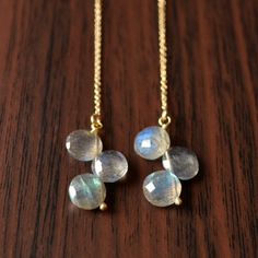 "These labradorite earrings feature small, flashy gemstones paired with warm gold. In these long earrings, a trio of coin-shaped labradorite beads are stacked together and attached to gold-filled threaders. These 7mm stones are mostly grey, but they flash blue and green in the light, creating a unique and elegant pair of earrings. Prefer silver? Please choose \"sterling silver\" at checkout. Sterling silver threaders are a slim box chain design. Earrings are approx. 4\" (10.2cm) long from the en Gold Threader Earrings, Threader Earrings Gold, Gemstone Earrings Gold, Easy Jewelry, Earrings Handmade Dangle, Earrings Gemstone, Labradorite Earrings, Pink Topaz, Long Dangle Earrings