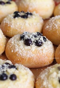 blueberry donuts with powdered sugar on top