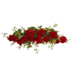 red carnations and greenery are arranged in a row