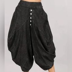 Women's Denim Harem Pants With Pockets - 100% Cotton - Machine Wash Cold - Available In Denim Black Dark Wash Baggy Wide Leg Bottoms, Trendy Baggy Washed Black Bottoms, Baggy Dark Wash Wide Leg Bottoms, Baggy Wide Leg Dark Wash Bottoms, Baggy Cotton Bottoms With Cropped Legs, Denim Wide Leg Harem Pants, Washed Black Denim Bottoms With Pockets, Black Non-stretch Denim Pants, Non-stretch Black Denim Pants