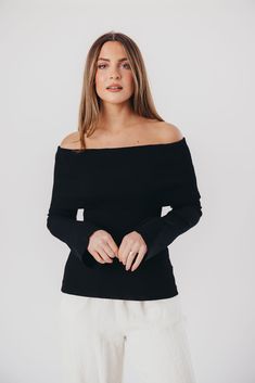 You'll love wearing this lightweight sweater year-round! The Palmer Sweater features a stunning off-the-shoulder neckline, and is crafted from a fine ribbed knit. It's stunning paired with trousers, denim, or a silky midi skirt; it's a versatile addition to any fashionista's wardrobe. Available in two colorways. FIT: Runs true to size - fitted. MATERIAL: 65% Viscose, 35% Nylon. GARMENT DETAILS: Fine-ribbed sweater top featuring a fold-over, off-the-shoulder neckline and flared long sleeves. SIZE Versatile Off-shoulder Top For Fall, Black Off-shoulder Sweater For Spring, Ribbed Stretch Off-shoulder Sweater, Trendy Off-shoulder Ribbed Sweater, Stretch Ribbed Off-shoulder Sweater, Trendy Stretch Off-shoulder Top For Fall, Chic Stretch Off-shoulder Knit Top, Trendy Off-shoulder Top For Night Out In Fall, Off-shoulder Ribbed Stretch Sweater