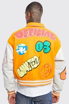 Boxy Fit Graffiti Varsity Jacket | boohooMAN USA Style Varsity Jacket, Coach Jackets, Fashion Masks, Borg Jacket, Varsity Jacket Men, Heavy Coat, Harrington Jacket, Bra Dress, Jackets For Men