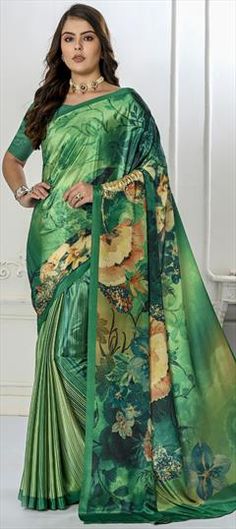 Green color Saree in Crepe Silk, Silk fabric with Digital Print work Green Wedding Blouse Piece With Printed Border, Wedding Green Blouse Piece With Printed Border, Wedding Green Blouse With Printed Border, Multicolor Printed Blouse Piece For Wedding, Green Printed Dupatta For Wedding, Green Digital Print Wedding Dupatta, Green Digital Print Wedding Saree, Green Printed Wedding Dupatta, Green Wedding Dupatta With Printed Border