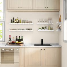 a kitchen with wooden cabinets and shelves filled with wine bottles on the counter top next to a window