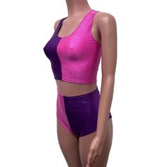 The perfect rave outfit that includes our high-waisted hot pants and crop tank in purple and pink sparkle spandex. Fitted Purple Crop Top For Festival, Pink Fitted Rave Crop Top, Fitted Pink Rave Crop Top, Purple Crop Top For Club, Fitted Pink Crop Top For Rave, Purple Fitted Crop Top For Club, Fitted Purple Crop Top For Club, Rave Outfits Pink, Purple Sparkle