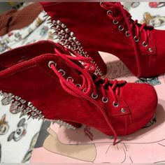 Size 6 Red Suede Spike Litas Comes With Box Extra Spikes Dust Bag For Each Shoe! Great Condition Worn A Few Times No Marks Spikes All There Shoes Size 6, Cowgirl Outfits, Jeffrey Campbell Shoes, Red Suede, Jeffrey Campbell, Bootie Boots, Ankle Boots, Dust Bag, Size 6