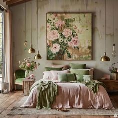 a bed sitting in a bedroom next to a window with flowers on the headboard