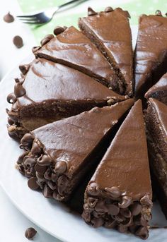 a chocolate cake is cut into slices on a plate