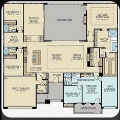 the floor plan for a house with two master suites and three separate living areas,