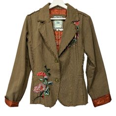 Paparazzi Floral Embroidered Blazer Tan Houndstooth Boho Distressed Button Front Sz Xl Beautiful Condition Features Houndstooth Plaid Vibrant Floral Embroidered Raw Edge Hems And Seams Long Sleeves Contrasting Lining ~With Embroidery ~ “Where There Is Love There Is Life” Two Button Front Notched Lapel Collar Tapered Waist Elbow Patches Intentionally Distressed Vintage Look Approx Measurements Laying Flat- (Taken On Back) Bust 21” Waist 18” Length 24” Top Rated Seller 120323 Tags: Boho, Artsy, Distressed, Floral, Vintage, Unique, Trendy, Downtown, Streetwear, Embroidered, Tattered, Artwear, Funky, Bohemian, Colorful, Retro, Modern, Sevent Embroidered Long-sleeve Cotton Blazer, Embroidered Long Sleeve Cotton Blazer, Embroidered Cotton Long Sleeve Blazer, Embroidered Cotton Blazer With Long Sleeves, Casual Embroidered Blazer For Fall, Casual Embroidered Blazer With Long Sleeves, Casual Embroidered Long Sleeve Blazer, Embroidered Fitted Cotton Blazer, Spring Embroidered Fitted Blazer