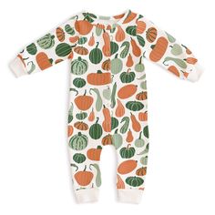 The coziest one-piece outfit, in our Gourds & Pumpkins print. A happy harvest that's simply, dare we say, gourd-geous! Our classic jumpsuit is made from super-soft french terry and has six snaps up the front and the softest ribbed ankle and wrist bands - not too tight, of course! The ideal cozy outfit! -Made in Brooklyn NY USA -100% Certified Organic Cotton Fall Playtime Fitted Bodysuit, Fitted Bodysuit For Playtime In Fall, Printed Long Sleeve Jumpsuits And Rompers For Fall, Printed Long Sleeve Jumpsuit For Fall, Playful Cotton Onesie For Fall, Playful Onesie For Fall Loungewear, Playful Fall Cotton Onesie, Casual Fall Bodysuit For Playtime, Printed Jumpsuits And Rompers For Fall