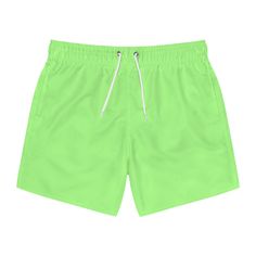 Men's swim shorts bright green!!  Nothing can swoosh down the summer heat like a dive into the sea - or into the nearest pool.  .: Material: 100% polyester .: Extra light fabric (3.54 oz/yd² (120 g/m .: Fast-dry fabric .: Mesh basket lining  .: Mesh-lined side pockets .: Printed care label inside .: Drawstring waist Spring Beach Moisture-wicking Athletic Shorts, Casual Solid Swimwear For Beach Season, Solid Summer Shorts For Poolside, Green Sporty Athletic Shorts For Poolside, Green Swim Trunks For Summer Activities, Green Beachwear Swim Trunks For Summer Activities, Green Swim Trunks For Beach, Green Beachwear Swim Trunks For Summer, Green Summer Swim Trunks