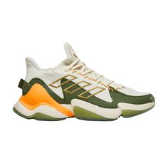 Find ADIDAS Mahomes 1 Impact Flx 'khaki on Editorialist. The Adidas Mahomes 1 Impact FLX ‘Khaki Green’ delivers a cross-training shoe designed for the star NFL quarterback. The upper is constructed from off-white textile with an orange molded heel counter and no-sew synthetic overlays in olive green. Mahomes’ personal logo adorns the tongue, while signature three-stripes are outlined in gold embroidery on the lateral quarter panel. Responsive cushioning is provided by a podular Boost midsole, su Cross Training Shoes, Gold Embroidery, Personal Logo, Khaki Green, Training Shoes, The Star, Mens Shoes Sneakers, Designer Shoes, Olive Green