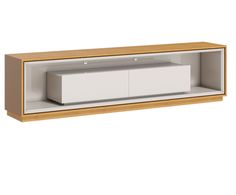 a white and wood entertainment center with two drawers on each side, one door open