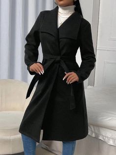 Autumn And Winter Elegant Black  Waterfall Belted Midi Plus Size Overcoats Winter Outfits Business Casual Women Business Casual Women Fall Clothes Halloween Clothes Black Casual  Long Sleeve Woven Fabric Plain Regular Non-Stretch  Women Plus Clothing, size features are:Bust: ,Length: ,Sleeve Length: Trendy Black Outerwear For Halloween, Trendy Black Halloween Outerwear, Long Coat For Halloween, Black Halloween Outerwear, Trendy Black Belted Outerwear, Fitted Black Outerwear For Halloween, Black Long Coat For Halloween, Trendy Fitted Halloween Outerwear, Trendy Long Sleeve Halloween Outerwear