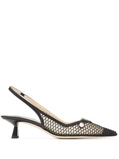 black calf leather netting detail pointed toe faux-pearl detailing branded insole slingback strap 45mm heel Jimmy Choo Pumps, Leather Lingerie, Harvey Nichols, Ballet Pumps, Boot Pumps, Slingback Heel, Jimmy Choo Shoes, Slingback Pump, Pump Sandals