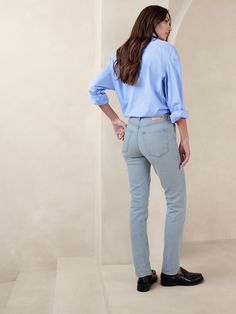 This classic jean is made from sumptuous new and recycled cotton and crafted in our 4-way stretch denim that's specially washed for exceptional softness Slim Fit: High rise (10. 75").  Skinny from hip to knee, slim leg.  Ankle length.  Sustainability: Made in a soft stretch denim that uses a blend of new and recycled cotton, and recycled polyester.  Zip fly with button closure.  Belt loops.  Traditional five-pocket styling.  Our denim is made under strict guidelines to ensure that the water used Classic Stretch Denim Blue Bottoms, Light Wash Relaxed Fit Jeans For Work, Stretch Denim Jeans For Business Casual, Stretch Straight Leg Washed Blue Jeans, Washed Blue Stretch Straight Leg Jeans, Light Wash Straight Hem Bottoms For Work, Classic Washed Blue Straight Bottoms, Classic Straight Washed Blue Bottoms, Spring Stretch Jeans For Business Casual