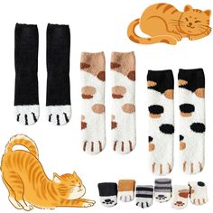 an orange cat laying down next to several pairs of socks with different designs on them