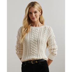 A cozy essential for the holiday season this boatneck sweater is characterized by a novelty cable-knit pattern a relaxed-fitting silhouette and a soft cotton-blend fabrication. Ralph Lauren Cable Knit Sweater For Fall, Ralph Lauren Long Sleeve Cable Knit Sweater, Casual Ralph Lauren Cable Knit Sweater, Ralph Lauren Casual Cable Knit Sweater, Casual Ralph Lauren Knit Sweater, Mascarpone Cream, Pants Shirt Men, Mary Jane Shoes Womens, Boatneck Sweater